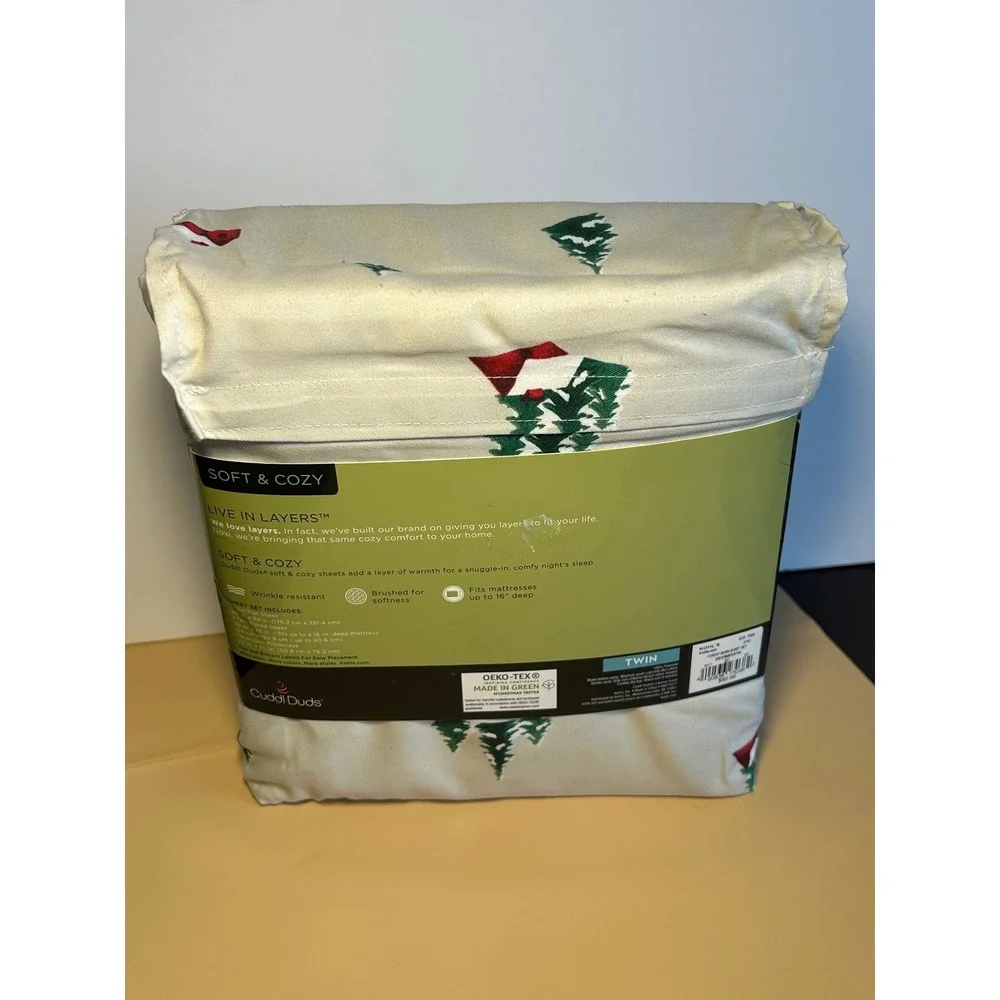 Cuddl Duds Twin Sheet Set Forest Barn Green Trees Red House Soft Cozy 3PC NEW
